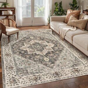 New 4x6 Washable Vintage Rug, Soft Distressed Brown/Grey Non-Slip Carpet